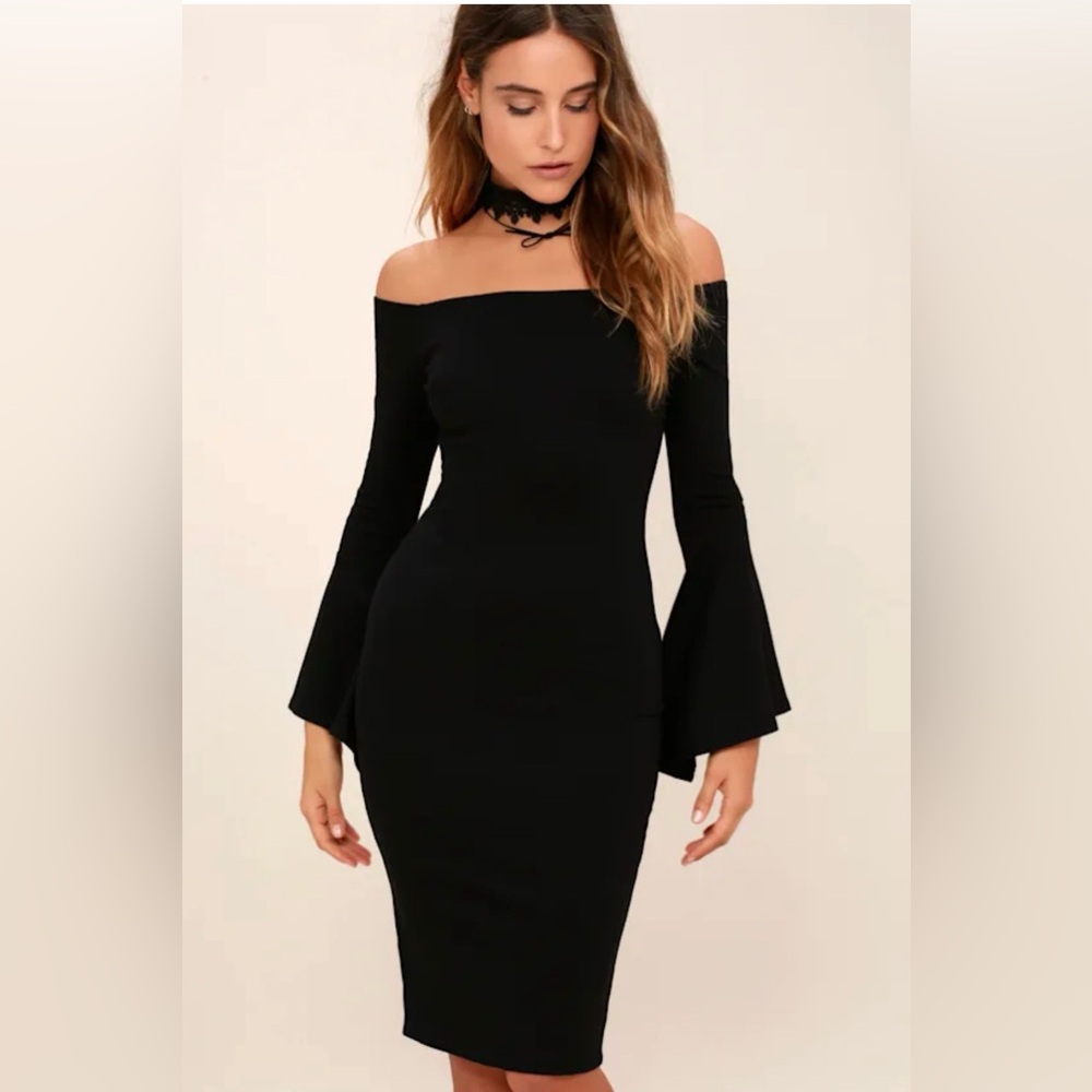 Lulus Black Off-Shoulder Bell Sleeve Bodycon Midi Dress Size S NWT